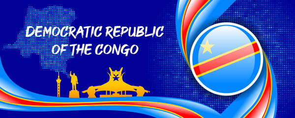 Democratic Republic of the Congo Flag with Map and Famous Landmarks in Blue and Red Abstract Background