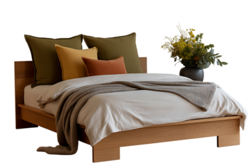 Cozy wooden bed adorned with plush pillows and a textured blanket, inviting relaxation and peaceful slumber for ultimate comfort and rest. 
