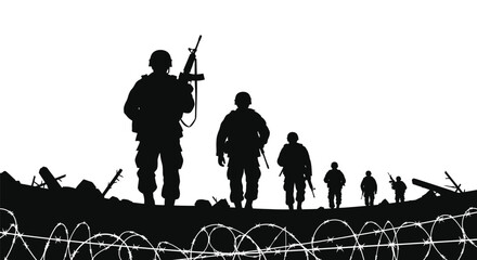 Powerful army soldiers walking bravely through war zone silhouette