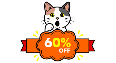 Surprised cat offers sixty percent off special deal promotion now