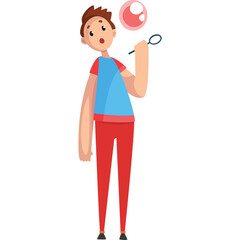 Cartoon Boy Blowing Pink Bubble with a Wand in a Playful Pose