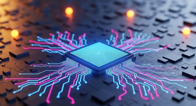 Futuristic glowing circuit board with processor and data streams, symbolizing advanced technology, artificial intelligence, and digital innovation