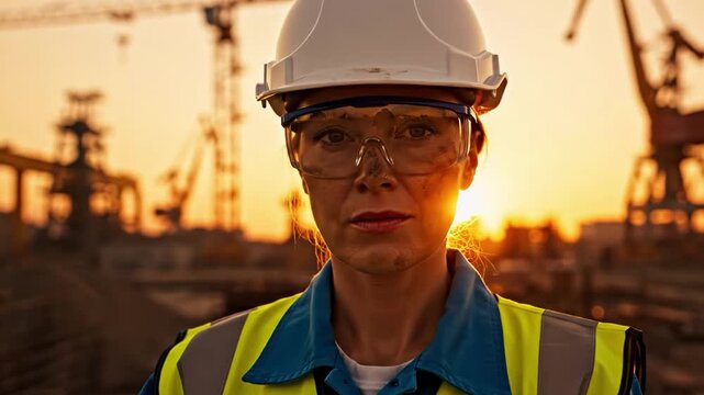 Determined female construction worker with safety gear on a construction site