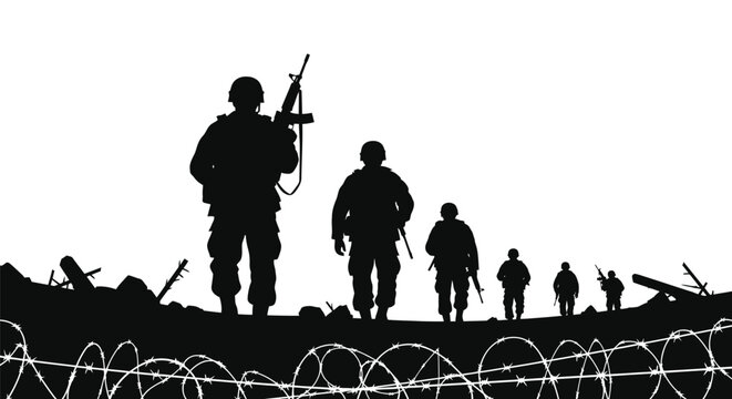 Powerful army soldiers walking bravely through war zone silhouette