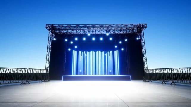 Empty concert stage under a clear blue sky.  Metal scaffolding,  black backdrop with glowing, light blue vertical panels, and a light blue stage platform.  Metal barriers surround the stage