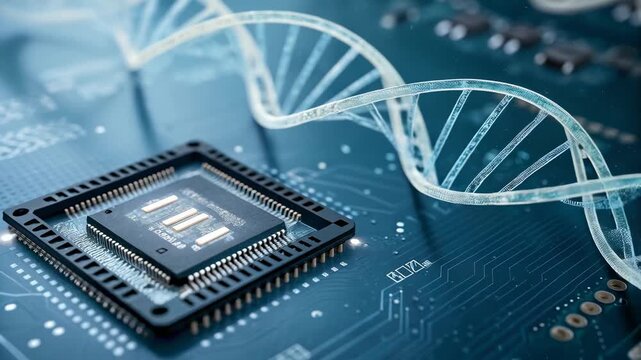 Biotech breakthrough in gene editing and genetic engineering technology, showing futuristic DNA helix over computer chip, concept for advanced innovation in genetic science - Powered by Adobe