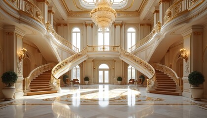 Grand mansion interior features sweeping double staircase with ornate golden railings, large crystal chandelier. Marble floors reflect bright sunlight streaming through tall windows. Elegant decor