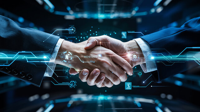 Two businessmen shaking hands over a digital interface with glowing lines agreement handshake