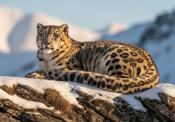 Obraz premium Snow leopard resting on rocky ledge dusted with snow