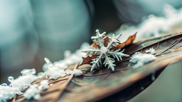 close up of snowflakes on dry brown leaves macro for web and graphic design