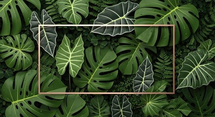 Lush Green Tropical Leaves with Rose Gold Geometric Frame Overlay - Exotic Botanical Background