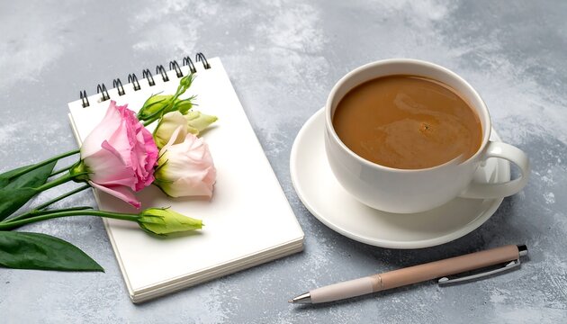 Morning Inspiration - Coffee, Flowers, and a Blank Notebook for Creativity.