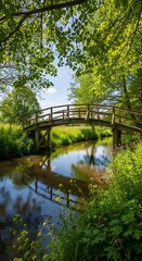 Fototapeta premium Wooden bridge over a calm river in a lush green forest scenery.