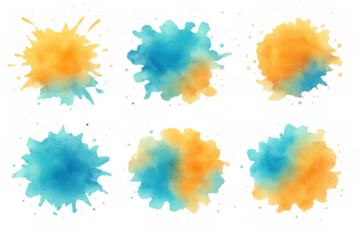 Watercolor paint splatters creating vibrant abstract wash blending blue and yellow orange pigment on transparent background
