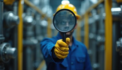 Worker in hard hat examines machinery with magnifying glass. Man in uniform checks industrial pipe system. Technician inspects factory equipment for quality control. Safety, precision in