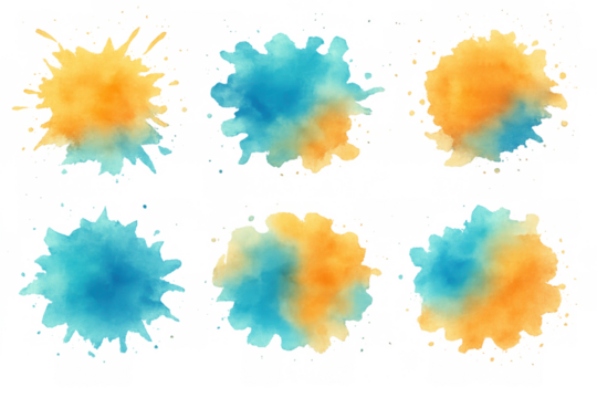 Watercolor paint splatters creating vibrant abstract wash blending blue and yellow orange pigment on transparent background