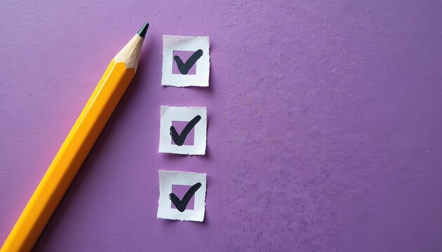 Yellow pencil rests near three small paper squares with black check marks. Represents completed tasks and organization. Simple flat lay composition on purple surface.