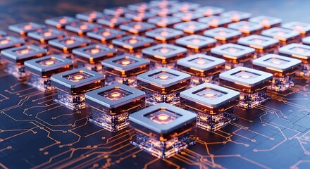 Closeup of a futuristic array of microchips, showcasing advanced technology and intricate circuitry for cuttingedge electronic applications