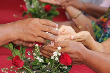 Close - up of hands of Thai pour water on elders' hands for blessings, Songkran Festival