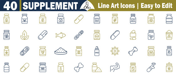 40 Supplement Line Art Icons: Dietary, Wellness, Capsule, Vitamin, Mineral, Nutrition, Health, Medicine, Organic, Natural Symbols Vector Set.