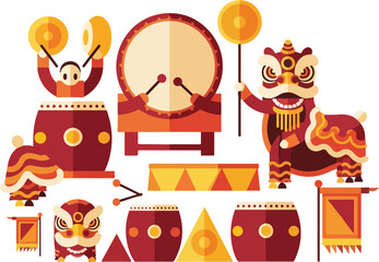 Colorful Chinese Lion Dance and Traditional Percussion Instruments Illustration