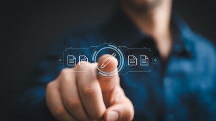 Modern businessman selecting digital document editing icon on virtual interface for efficient workflow and content creation
