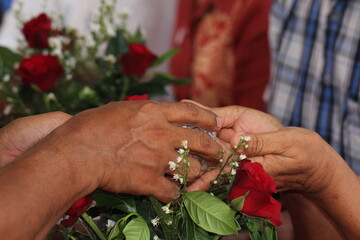 Close - up of hands of Thai pour water on elders' hands for blessings, Songkran Festival