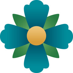 Stylized Teal Flower with Golden Center and Green Leaves on Transparent Background Simple Vector Graphic Element for Design