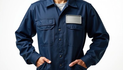 Navy blue work uniform or jumpsuit with blank name badge on chest pocket. Minimalist apparel for service, industry, or professional staff on white.