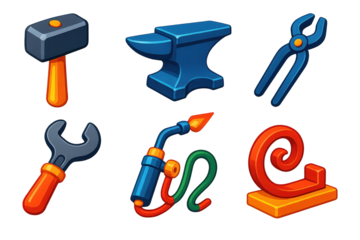 Artisan Metalworking Icons. 3D icon set of artisan metalworking tools: forging hammer, anvil, metal tongs, twisting wrench,