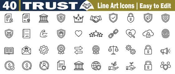Trust Line Art Icon Set Vector Security Assurance, Reliability, Promise, Confidence, Honesty, Integrity, Partnership, Agreement, Safety, Commitment, Credibility, Support, Protection and more concept. 