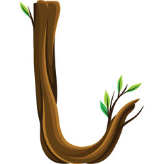 Stylized Tree Branch Shaped Like The Letter J With Green Leaves Growing Out Of The Bark Isolated On White Background
