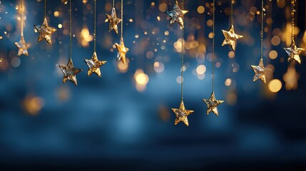 Dark blue background with golden stars hanging on strings, bokeh blur effect creating magical Christmas atmosphere for social media banners, web decorations, and festive celebrations.