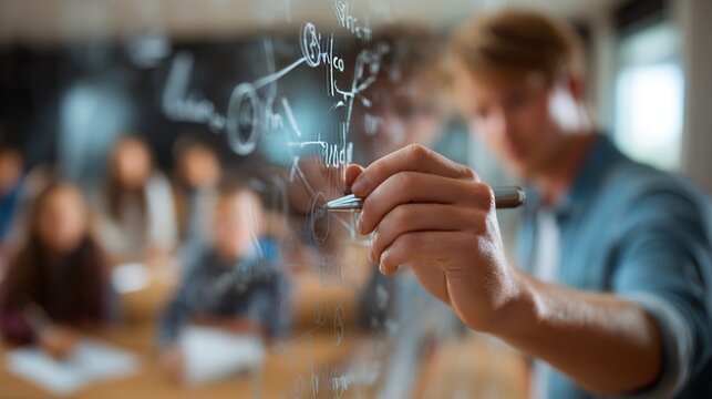 Hand writing smart on transparent board in education setting with blurred students background. High quality