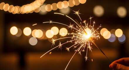 Hand Holding Sparkler with Bokeh Lights at Night