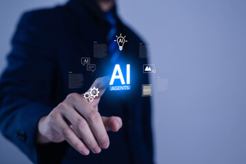 AI agents concept with a business professional interacting with glowing artificial intelligence icons, data elements, automation symbols, and digital innovation for smart workflow solutions.