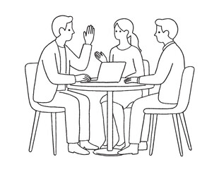 3人で打ち合わせをするビジネスパーソンたちの線画イラスト｜ミーティング・意見交換・会議風景