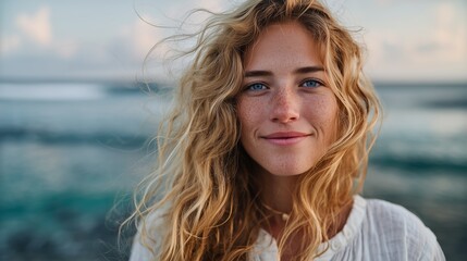 A joyful woman with curly blonde hair smiles confidently, standing by the serene ocean under a clear sky.