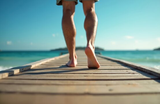 Man walks barefoot on wooden pier toward ocean on sunny day. Clear blue sky above tranquil sea water, sand beach visible in distance. Relaxing summer vacation atmosphere. - Powered by Adobe