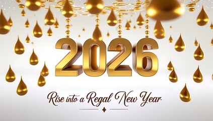 Floating droplets of vibrant gold, each with a perfectly rounded shape and a high-gloss finish, are suspended in mid-air, forming a majestic crown that encircles the bold, modern digits 2026,