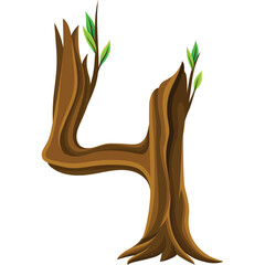 Stylized Tree Trunk Number Four With Green Leaves Growing From Top And Sides Natural Organic Element In Brown And Green Tones Isolated On White Background