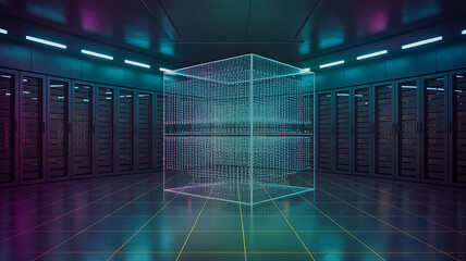 Futuristic server room with glowing cube and neon lights