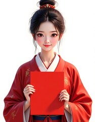 Obraz premium Smiling Asian Woman in Red and Gold Traditional Robe Holding Card Isolated on White background