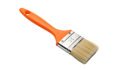 Bright orange handle paint brush with natural bristles isolated on black background