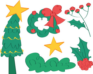 Cute Christmas Elements Set Tree Wreath Holly Berries Star Vector Icons Festive Decoration Kit