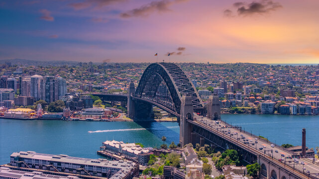 18 November 2025 Panoramic night view of Sydney Harbour and City Skyline of NSW Australia beautiful colourful skies on a beautiful spring day