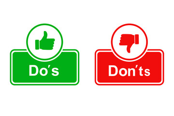 Do's and Don'ts buttons with like and dislike symbols green and red color, Do's and Don'ts buttons with thumbs up and thumbs down symbols, Editable flat style vector design isolated on white