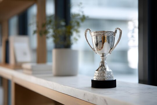 Business milestone trophy prominently displayed on a modern shelf