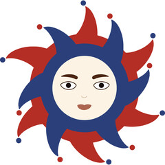 Stylized Sun Face With Red And Blue Rays And A Human Like Face In The Center Isolated On A Transparent Background With Red And Blue Accents