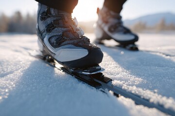 Close-up of ski boots firmly attached to cross-country skis in snow